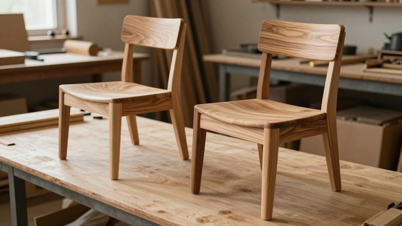 Artisans crafting sustainable wooden furniture in a bright workshop.