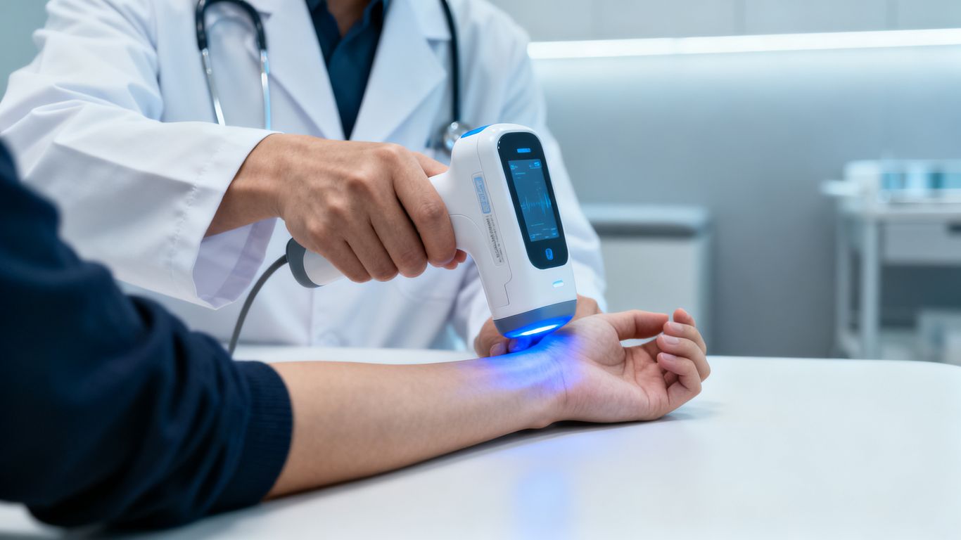 A medical professional holding a digital diagnostic scanner