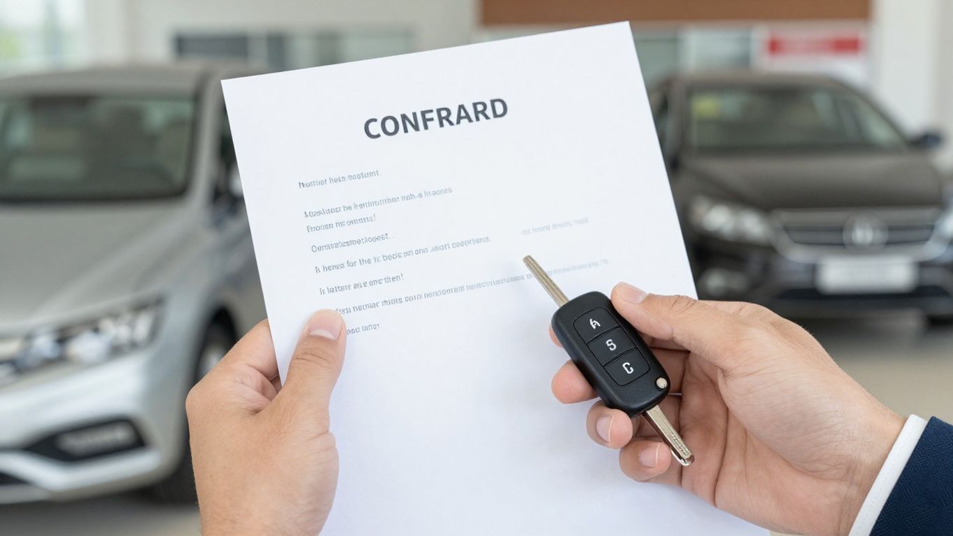 Hände halten Autoschlüssel und Kaufvertrag