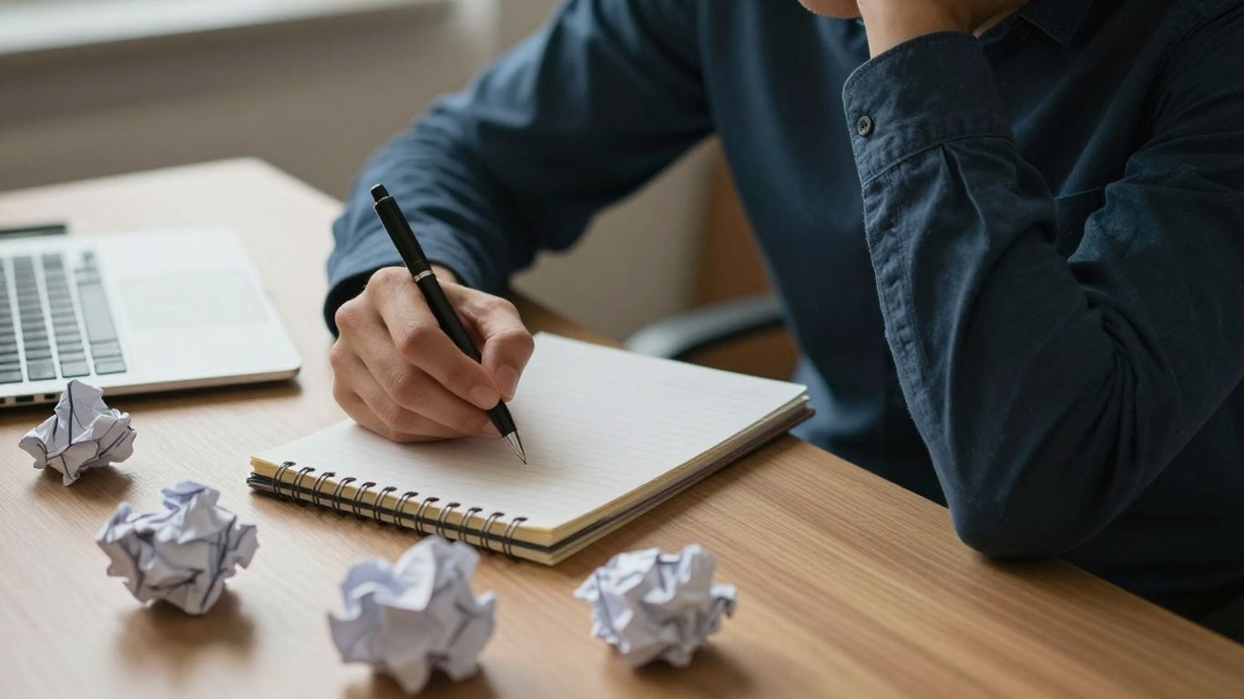 Person reflecting on habits at a desk.