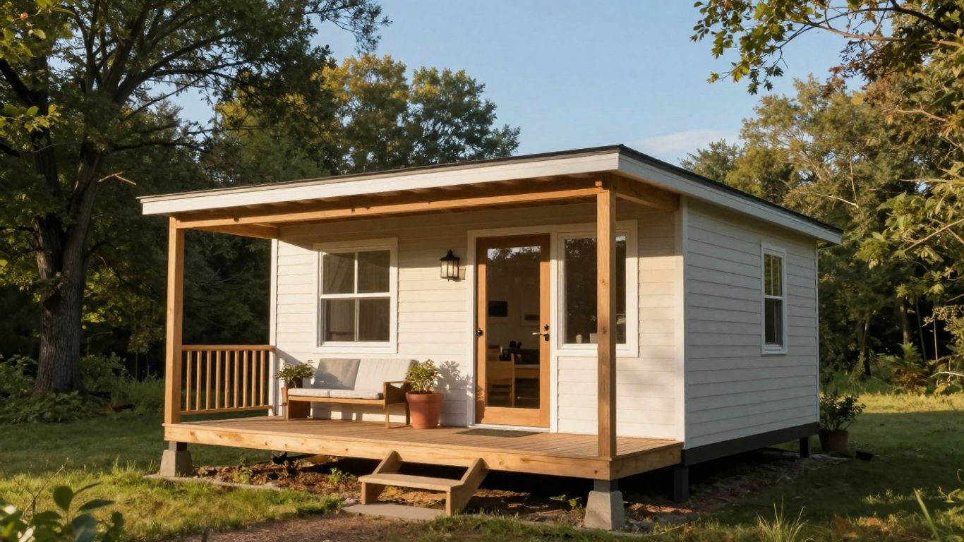 Wisconsin tiny house in a sunny landscape.