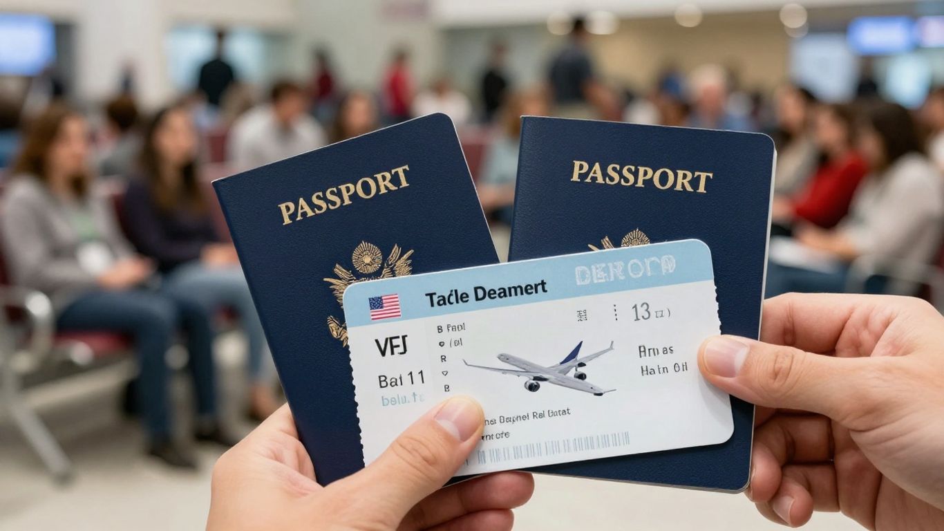 US passport and plane ticket for family immigration.