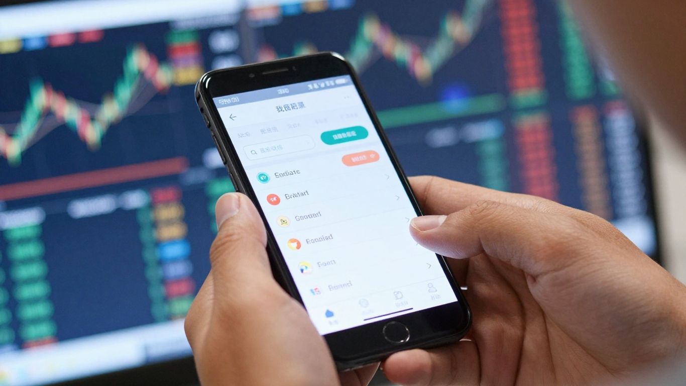 Hands holding smartphone with trading interface