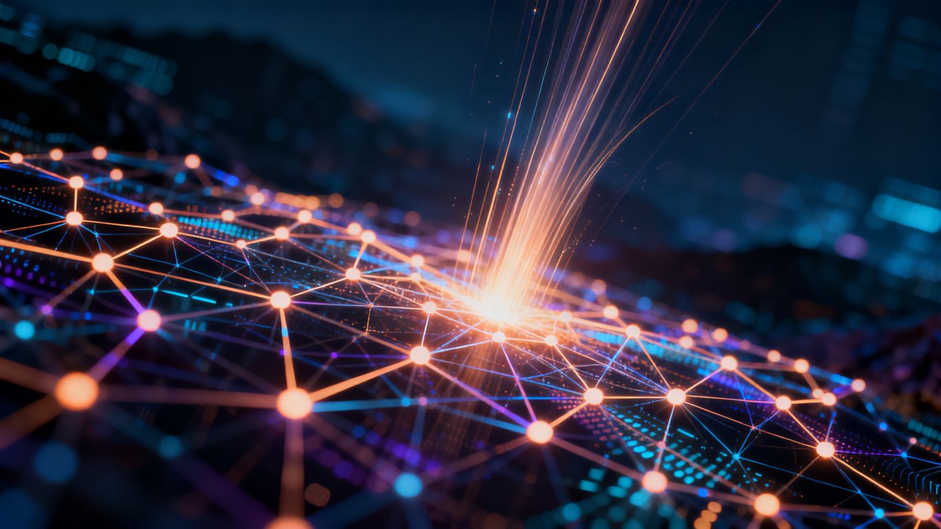 Digital network glowing, AI visibility concept.