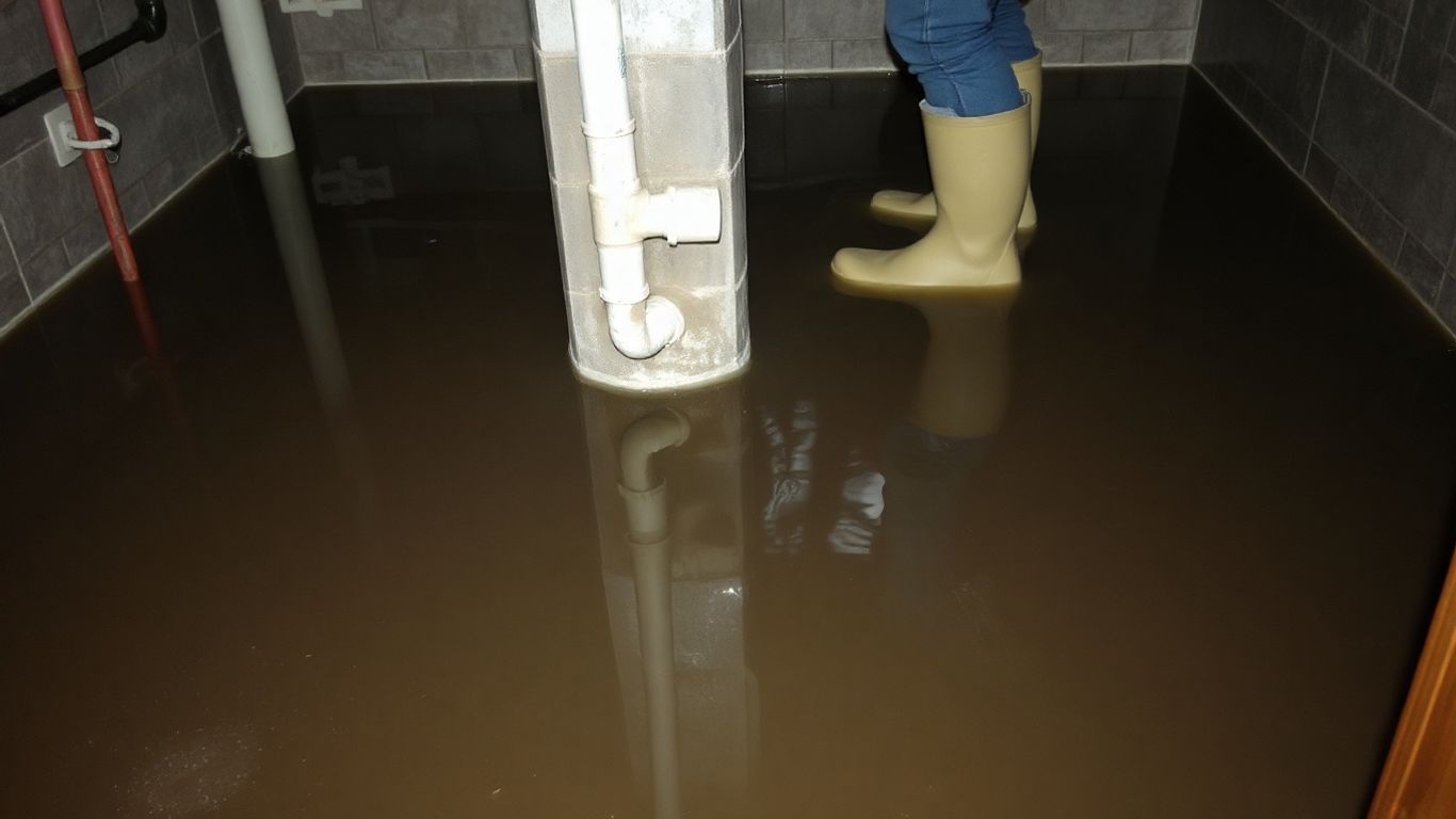 Flooded basement with murky water and a concerned homeowner.