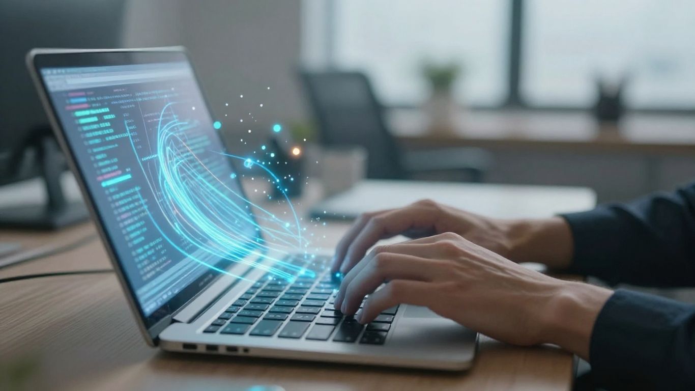 Mãos escrevendo em teclado futurista com ideias criativas.