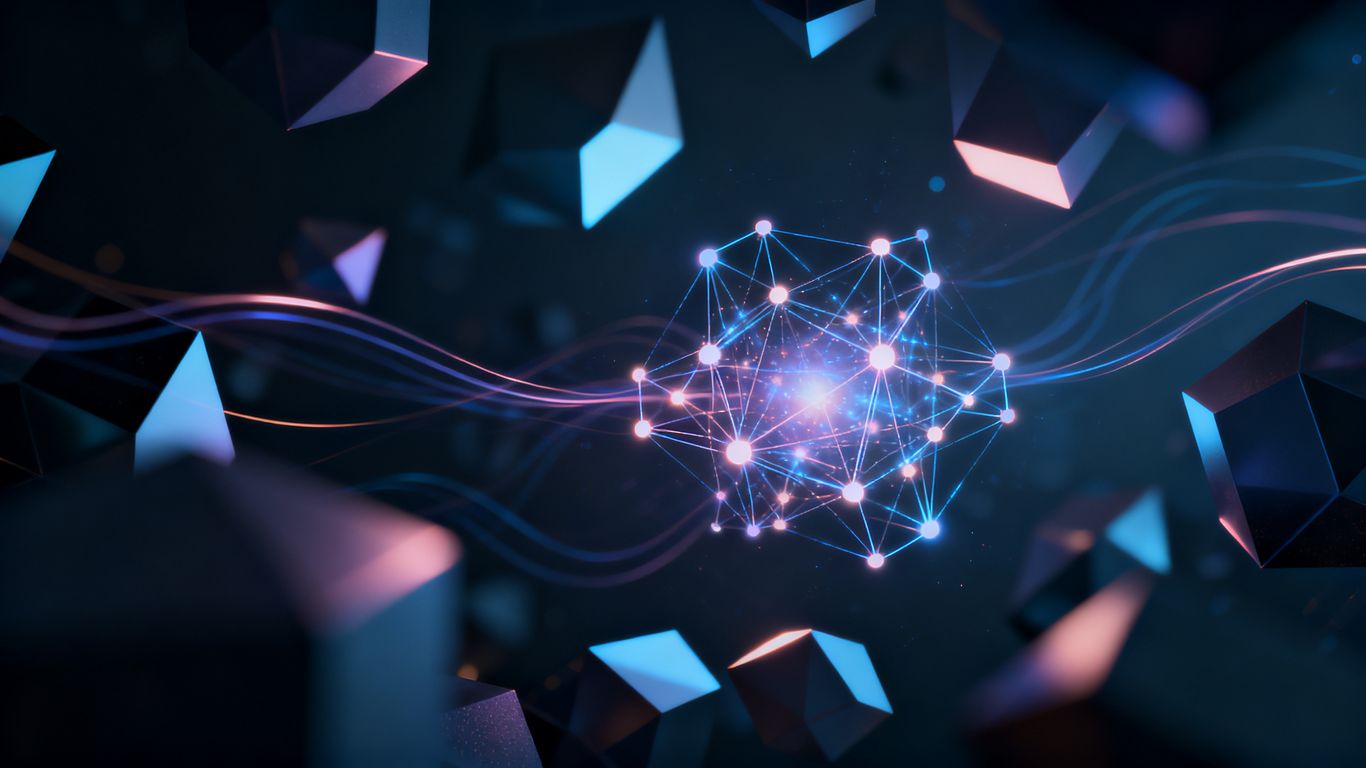Abstract digital space with glowing nodes and light trails.