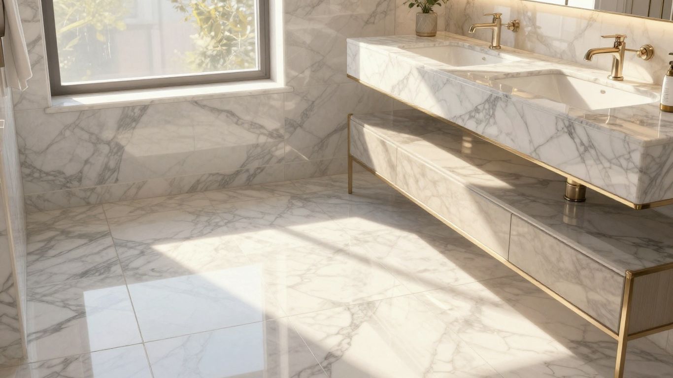 Elegant marble tile bathroom sketch with natural light.