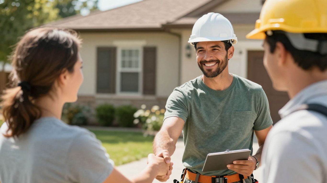 Roofer shaking hands with homeowner, building trust.