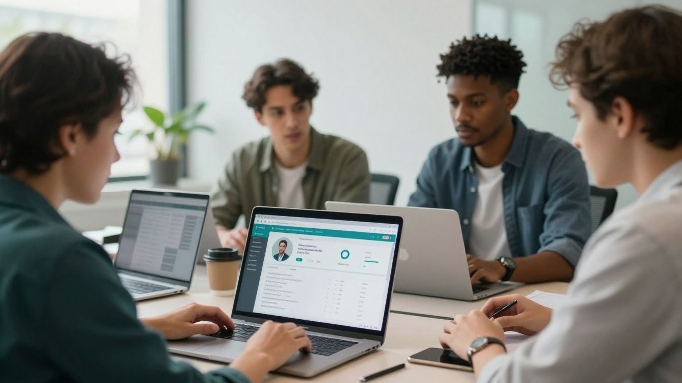 Employees reviewing a digital coaching dashboard