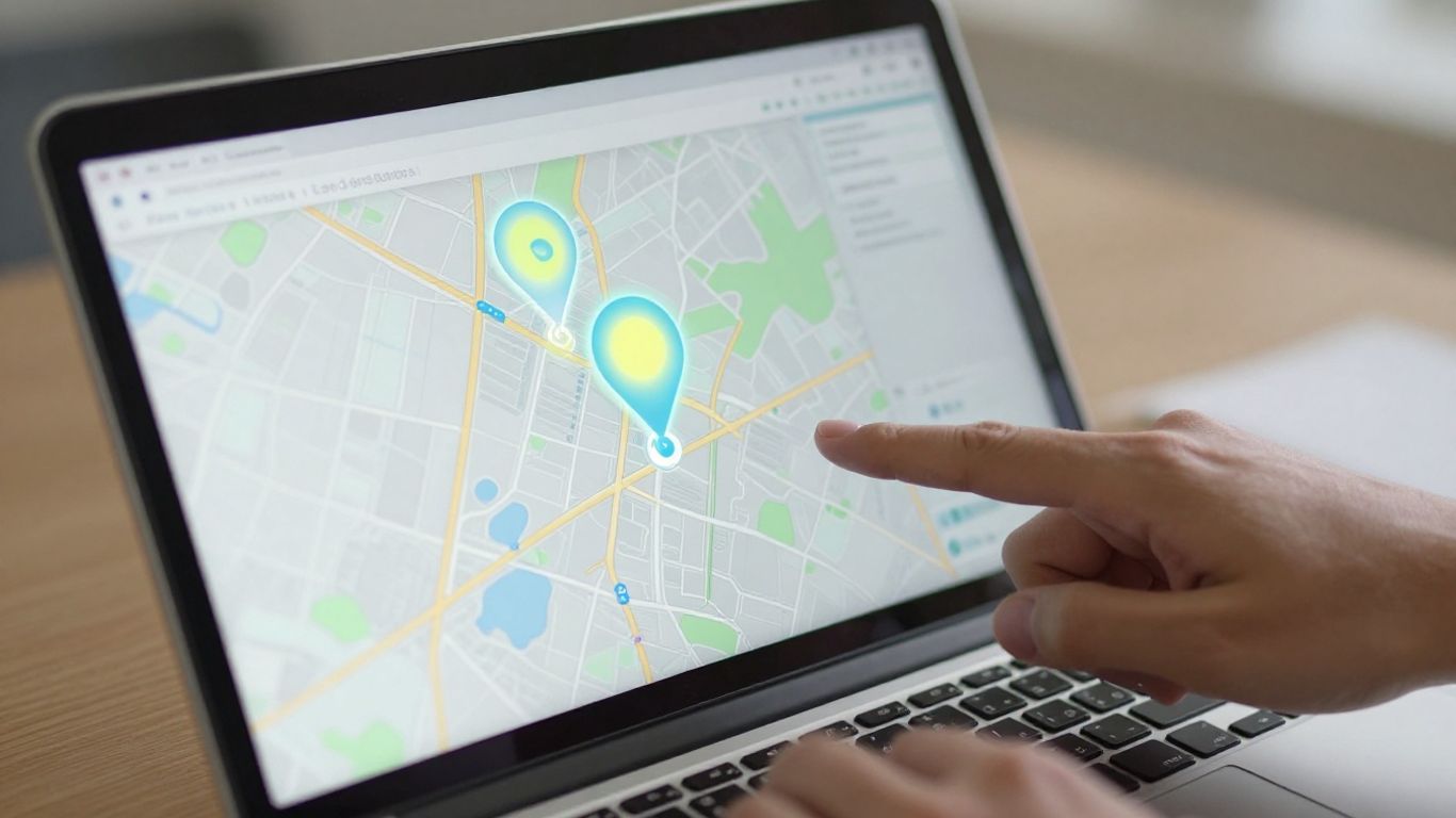 Laptop screen showing Google Maps data collection.