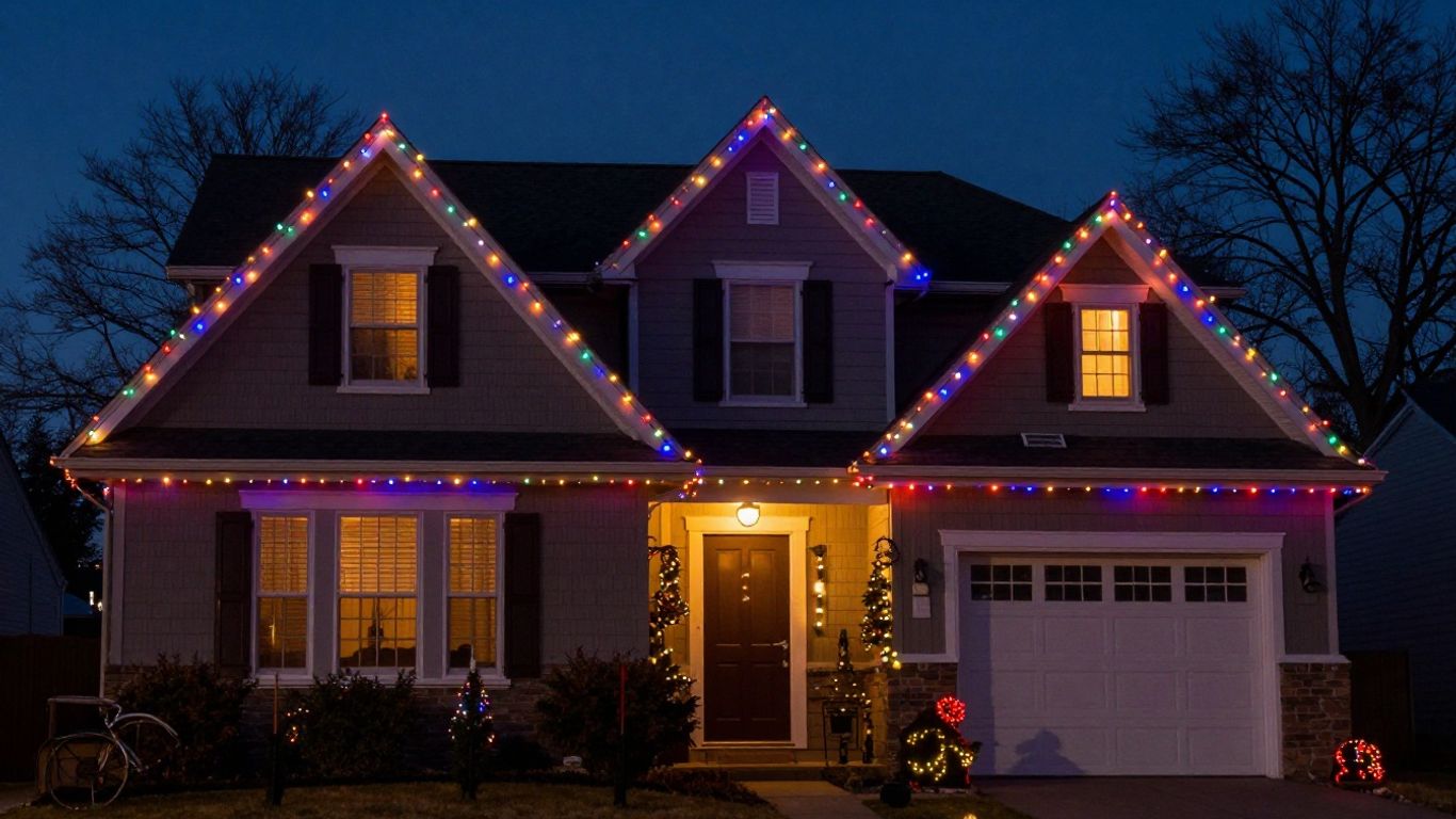 House with permanent Christmas lights glowing at dusk.