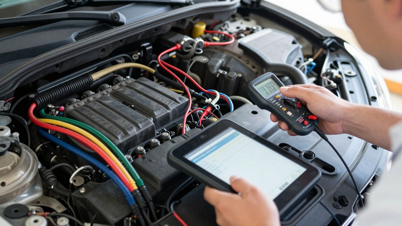 Technician testing ECU wiring in workshop