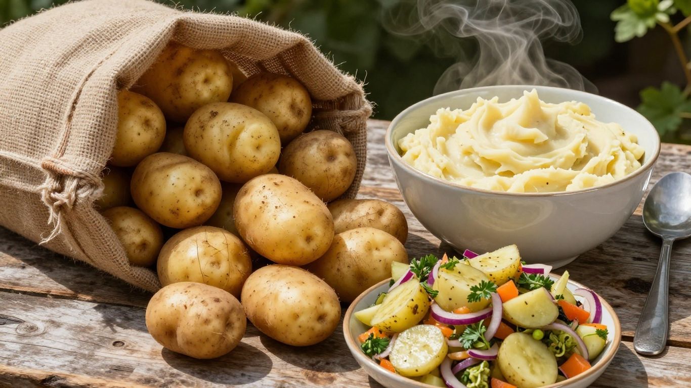 Biologische aardappelen, romige puree en aardappelsalade op tafel.