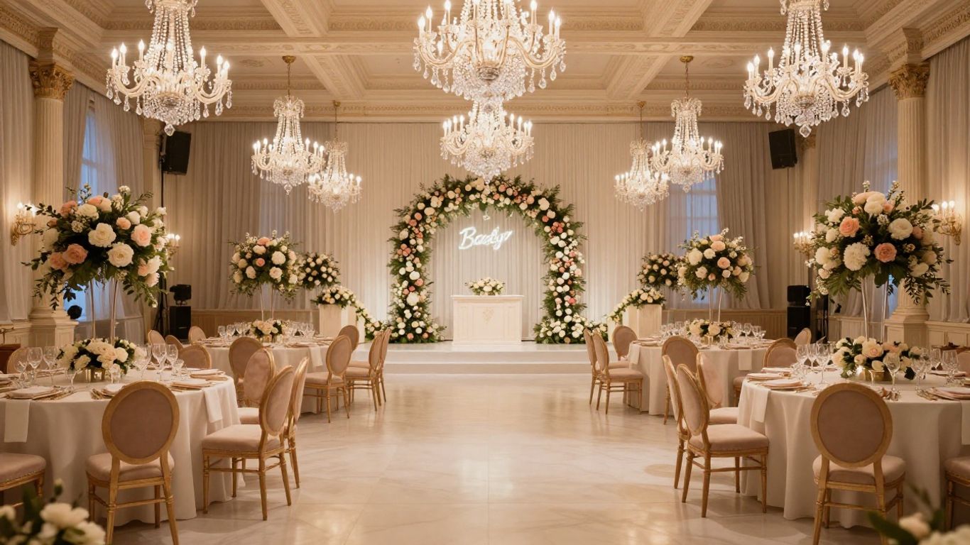 Elegant ballroom with chandeliers and floral decor for a quinceañera.