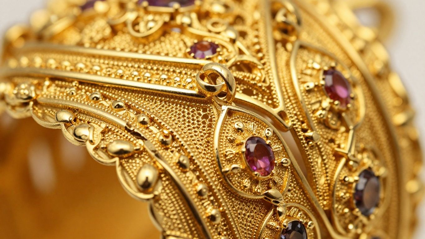 Close-up of intricate gold jewelry with fine craftsmanship.