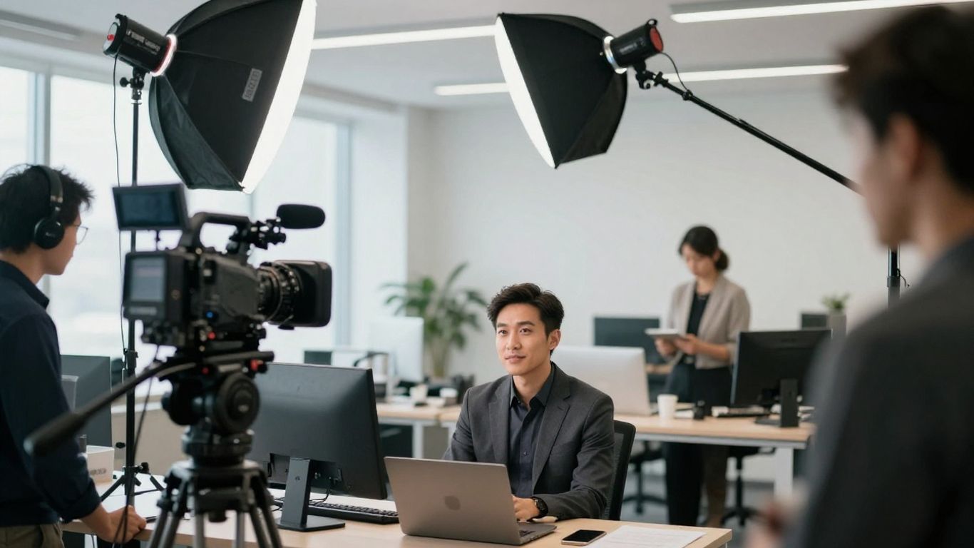 Cinematic brand production team filming business story