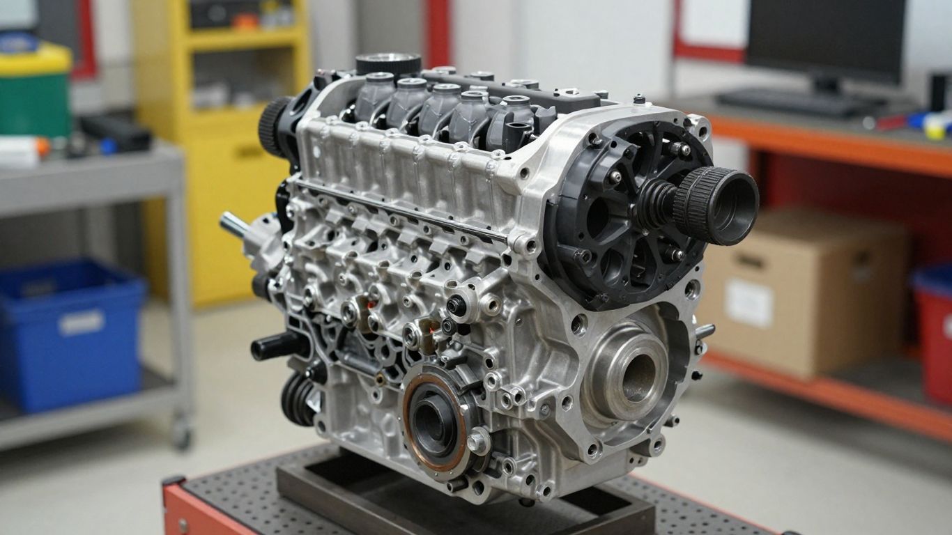 Rebuilt Subaru engine on workshop assembly stand