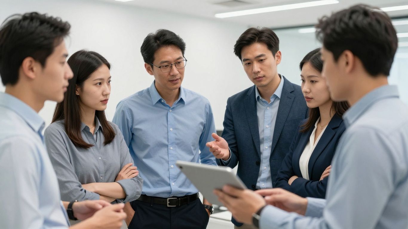 Menschen im Büro diskutieren über flexible Arbeitsmodelle.