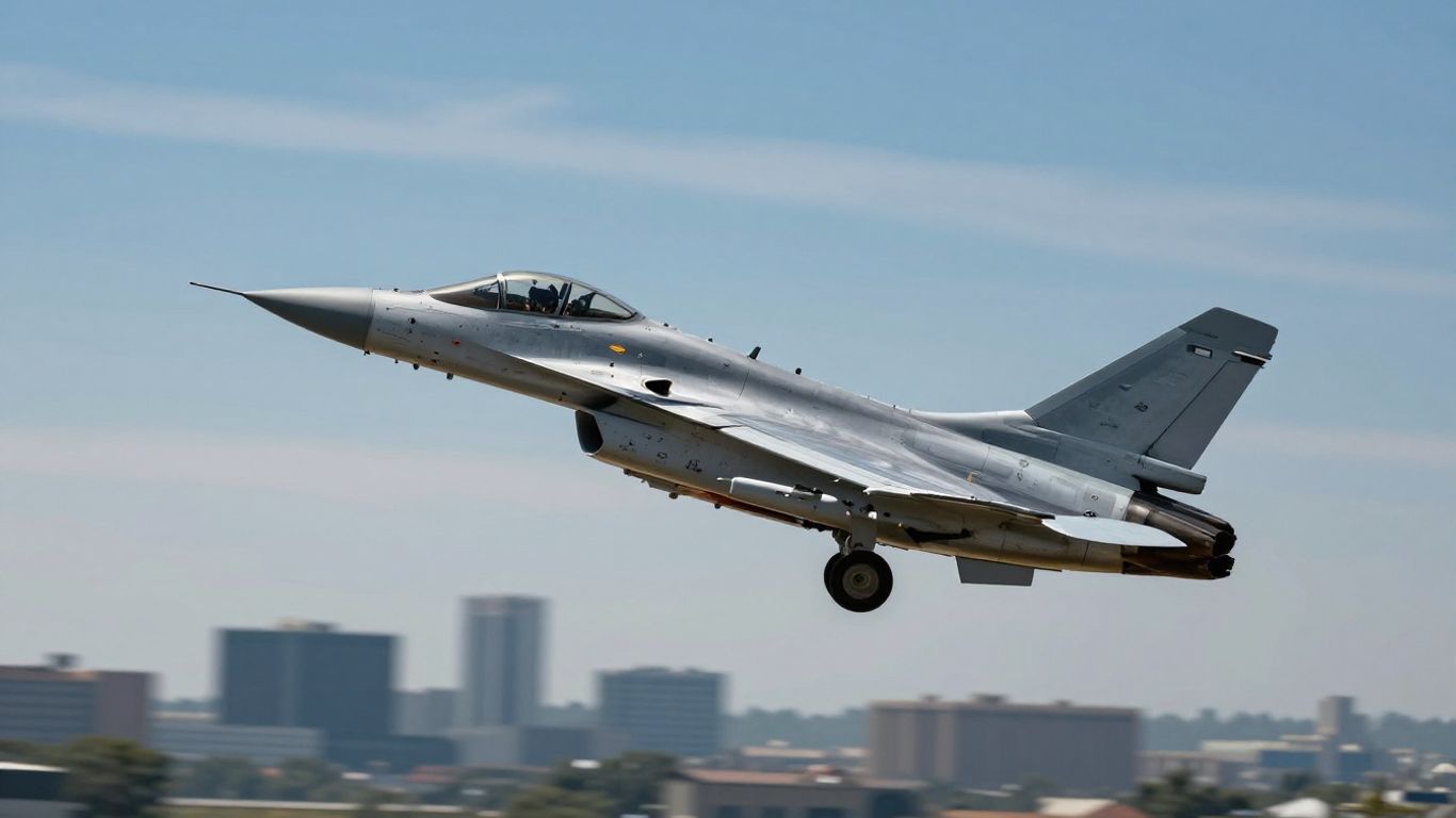 Jet fighter in flight over a city.