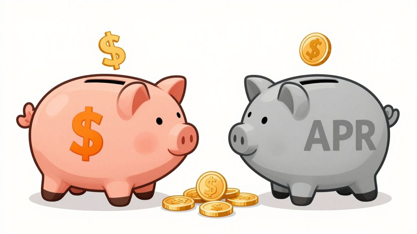 Piggy bank split showing interest rate and APR symbols.