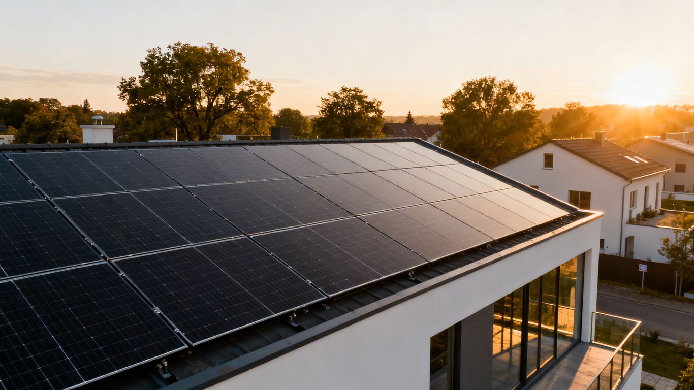 Panneaux solaires sur toiture au lever du jour