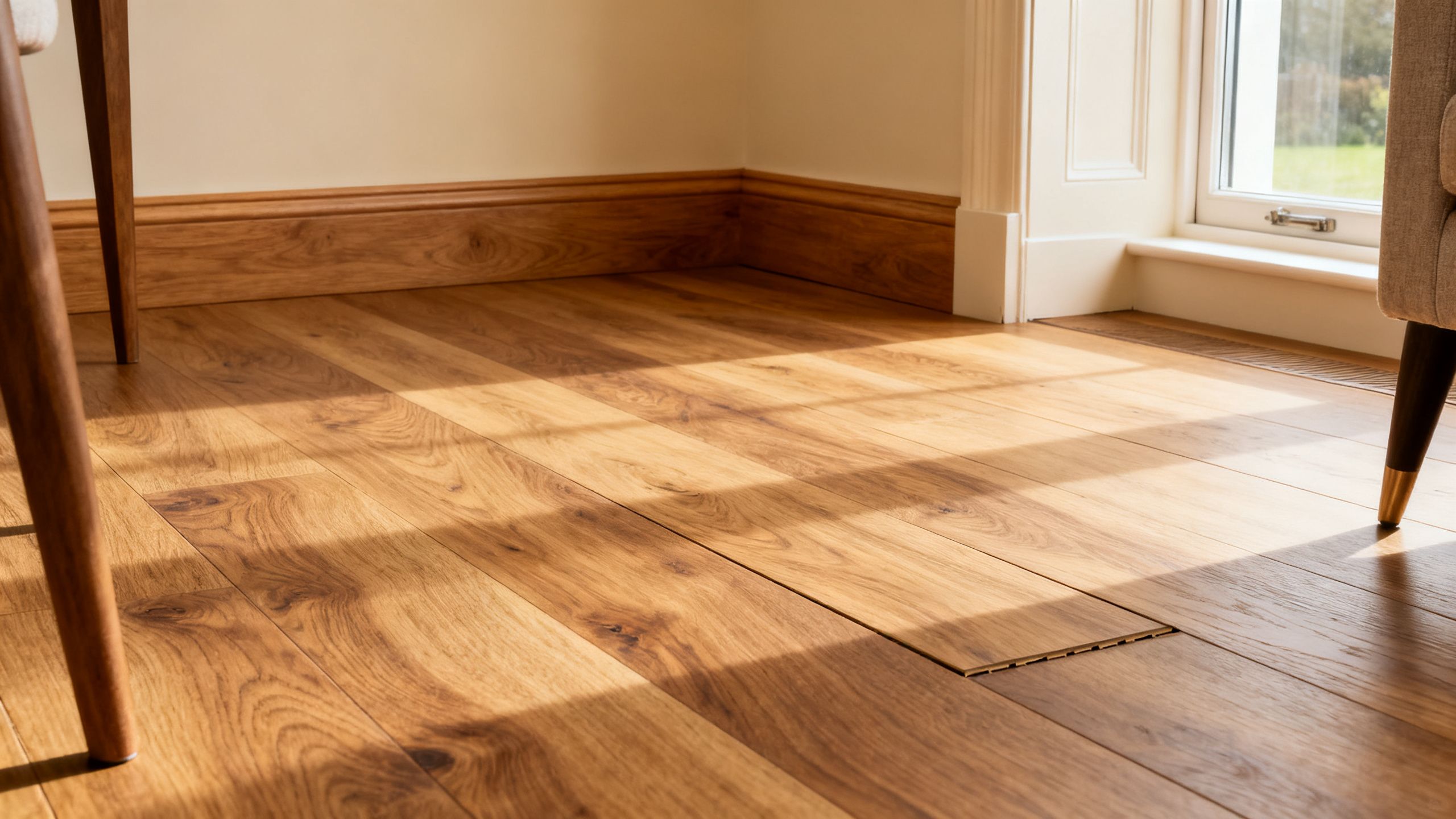 A realistic oak-effect click-lock laminate floor fitted neatly in a Bristol living room, with skirting and natural daylight
