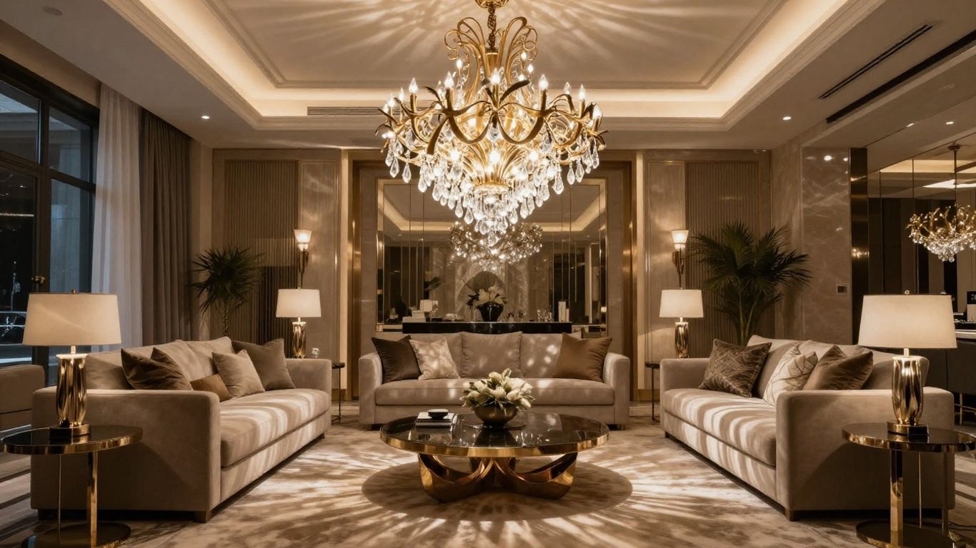 Artistic chandelier illuminating a stylish living room.