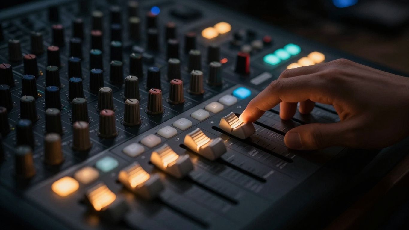 Audio mixing console with hand over fader.