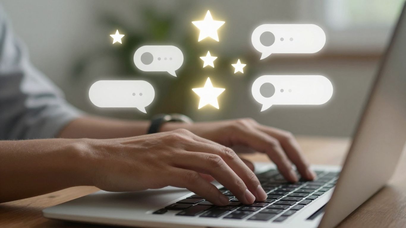 Laptop with star ratings and review bubbles
