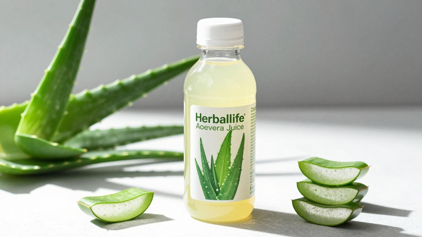 Herbalife Aloe Vera Juice bottle with fresh aloe leaves.