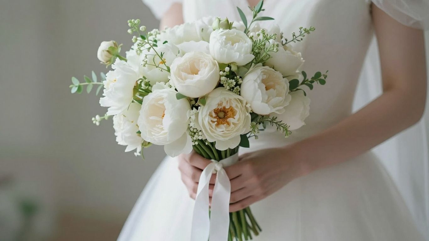 Dreamy white bridal bouquet with roses and peonies.