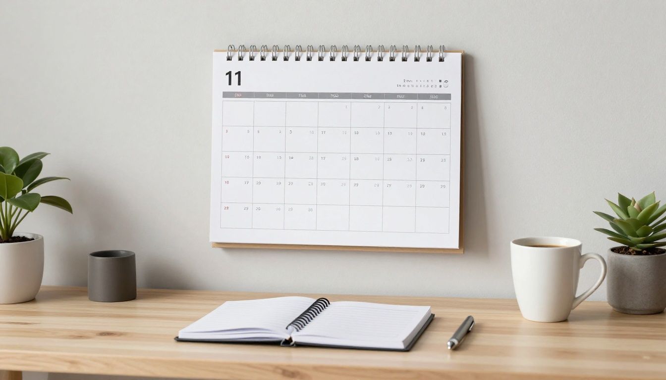 A professional, minimalist home office desk with a clean wall calendar, a notebook open to a prioritized list, a hot cup of coffee, and a soft-focus background that evokes a cozy, lived-in family home, representing the balance of professional focus and personal life.