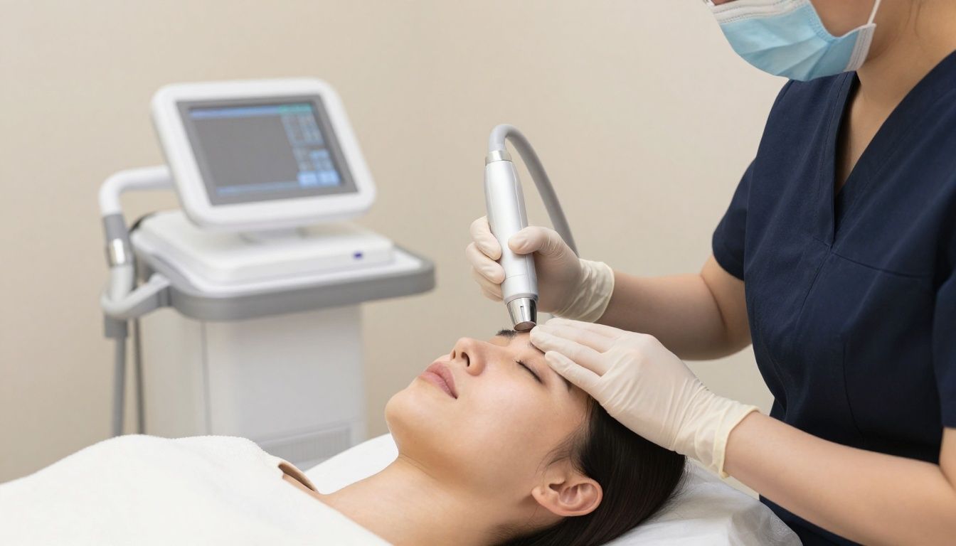 Photorealistic close-up of a licensed aesthetic professional preparing a modern IPL or laser device beside a client’s treatment chair, soft spa lighting, no text, no logos, and no recognizable faces
