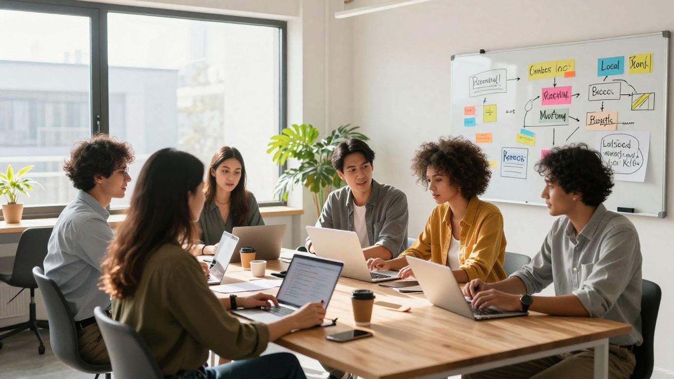 Team collaborating on local business marketing strategies in a bright office.