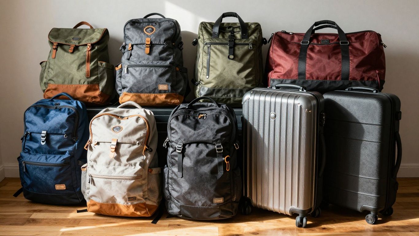 Various travel bags laid out for selection.