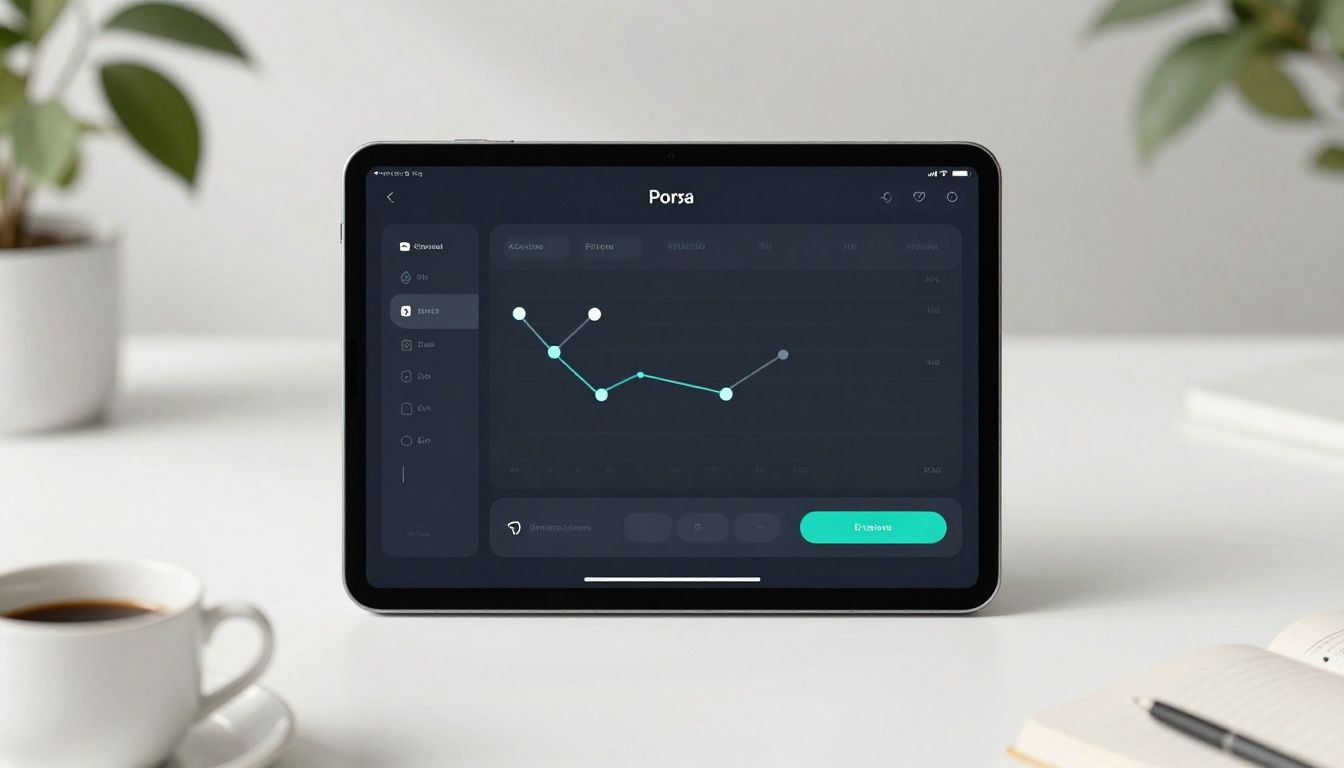 A professional, minimalist workspace showing a clean tablet with a progress tracking interface, reflecting an organized, intentional living environment, with high-performance aesthetics and diverse natural lighting.
