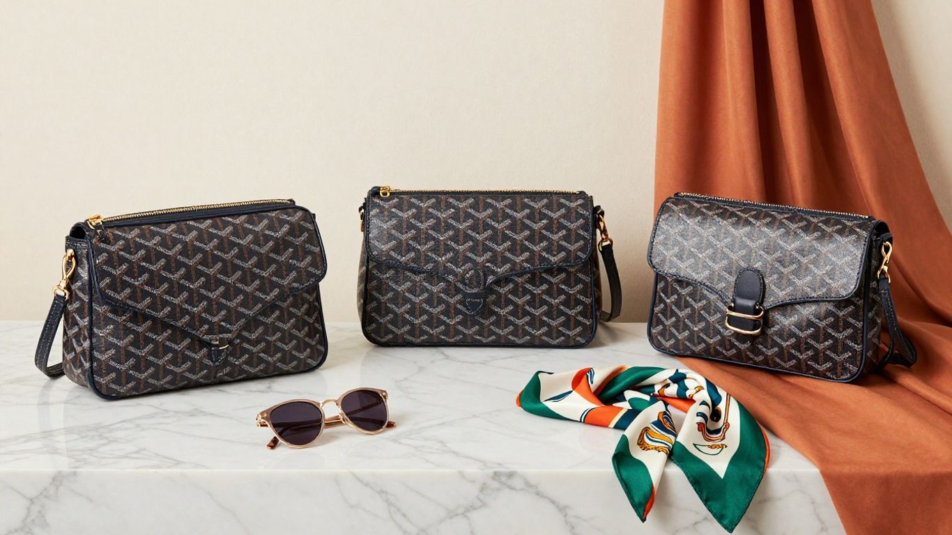 Colorful Goyard crossbody bags arranged with chic accessories.