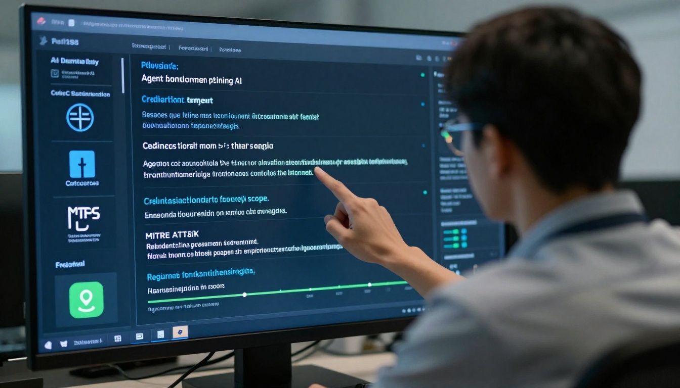 Clean photographic-style depiction of a security analyst approving an autonomous AI-SOC containment action, with agent behavior timelines, credential scope, MITRE ATT&CK mappings, and regional data-sovereignty indicators on screen