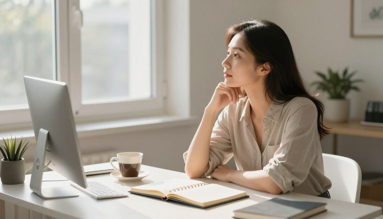 A focused and serene mother sits at a clean desk with a planner and a cup of coffee, looking thoughtfully out a window as the morning light streams in.