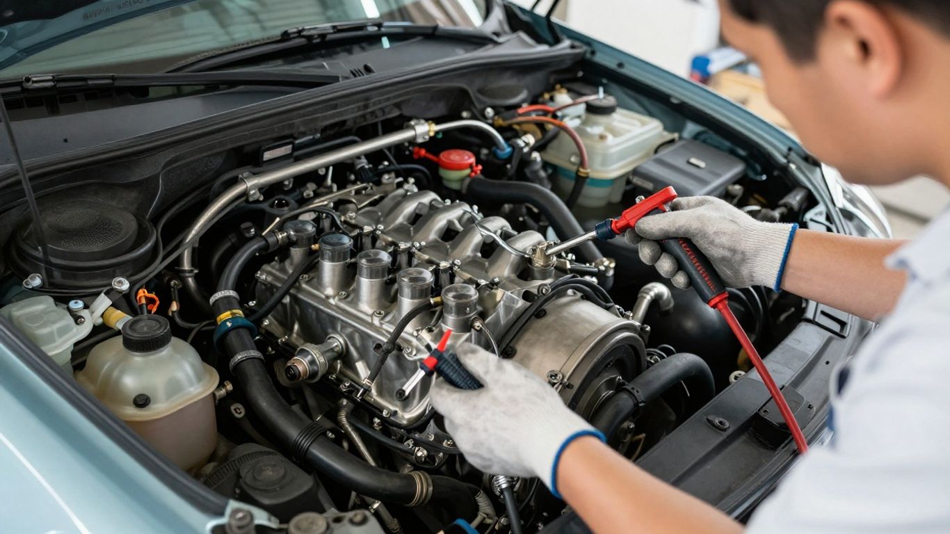 Technician inspecting coolant system on MG vehicle