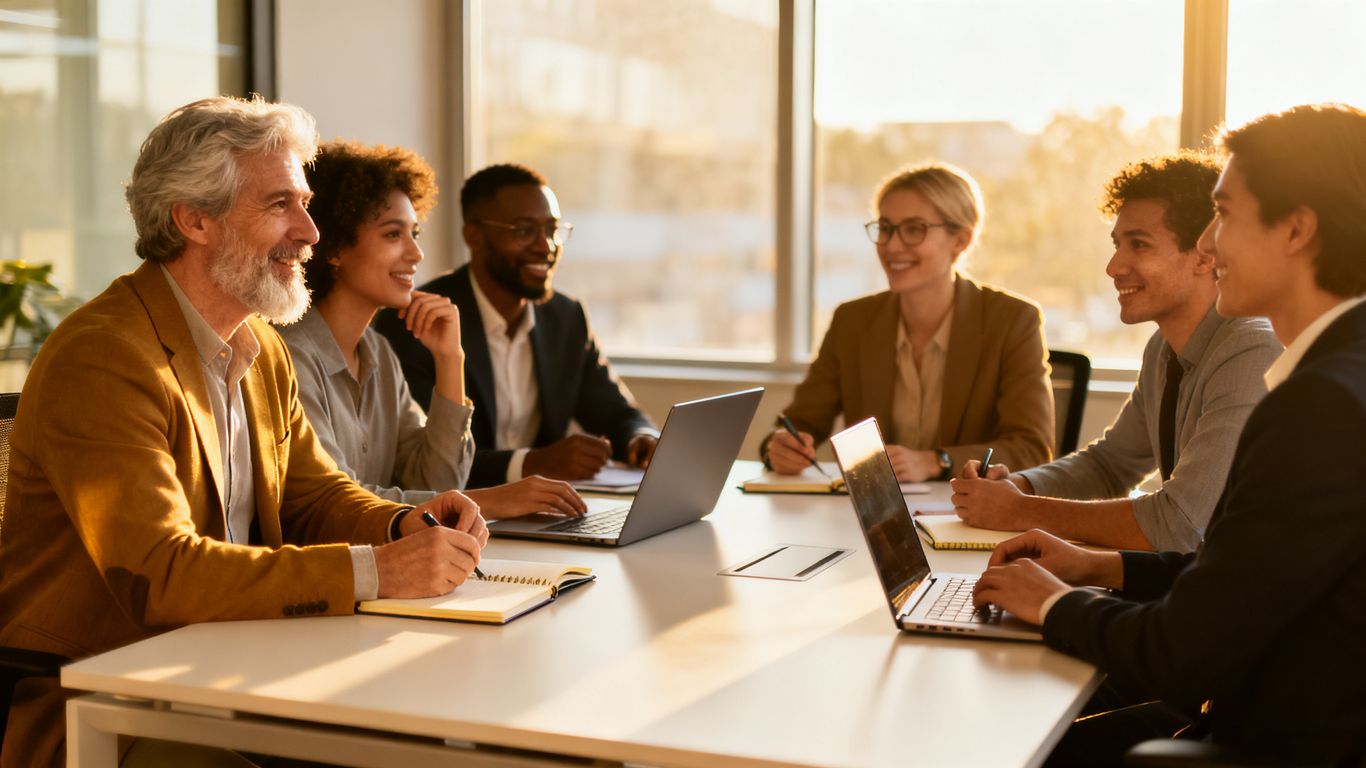 Profesionales colaborando en una reunión diversa