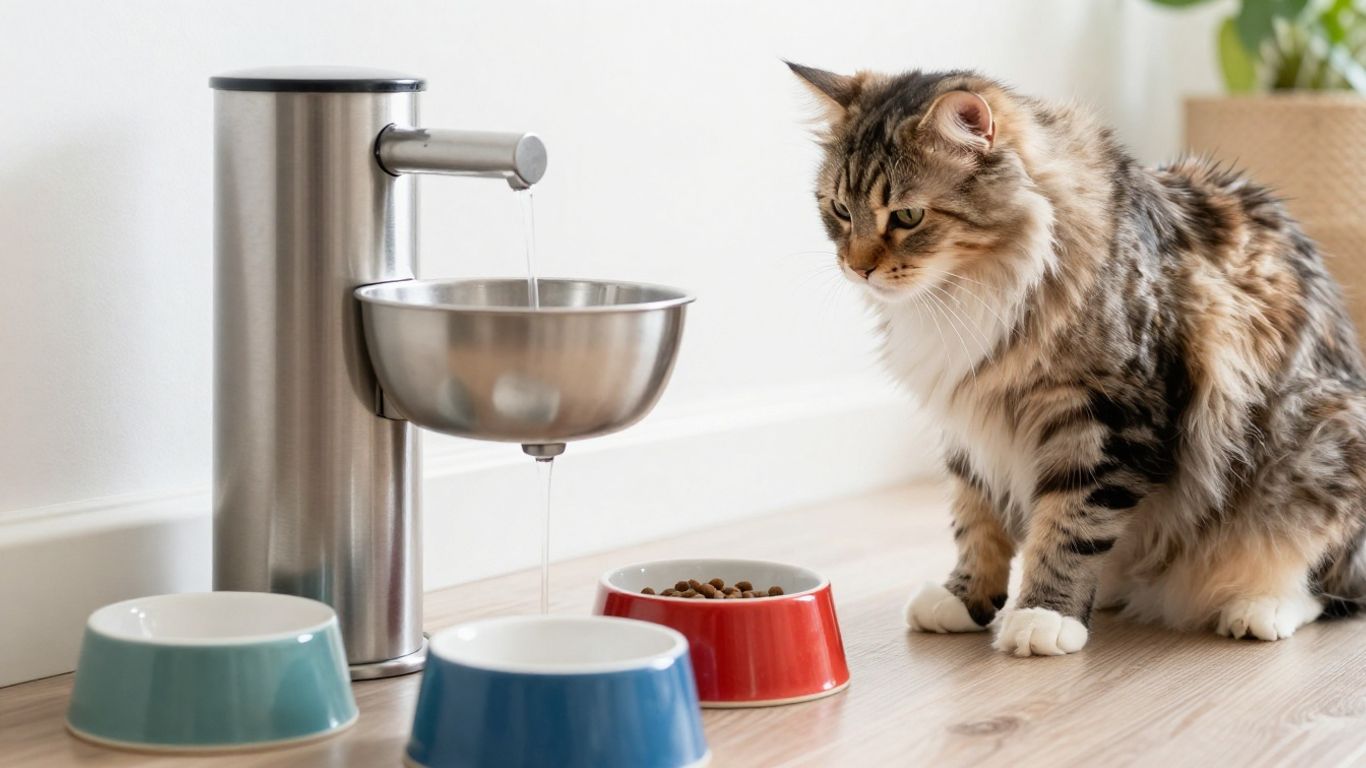 Cat food bowls beside a water fountain
