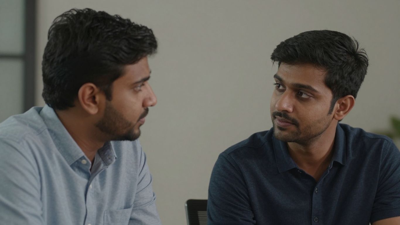 Oameni discutând calm și respectuos într-un spațiu neutru.