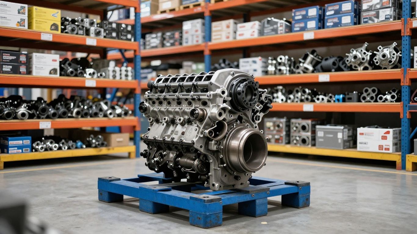 Used car engine beside organized replacement parts