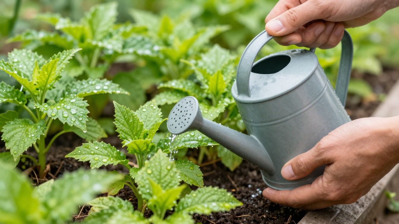 Gärtner gießt eine Pflanze im Frühling