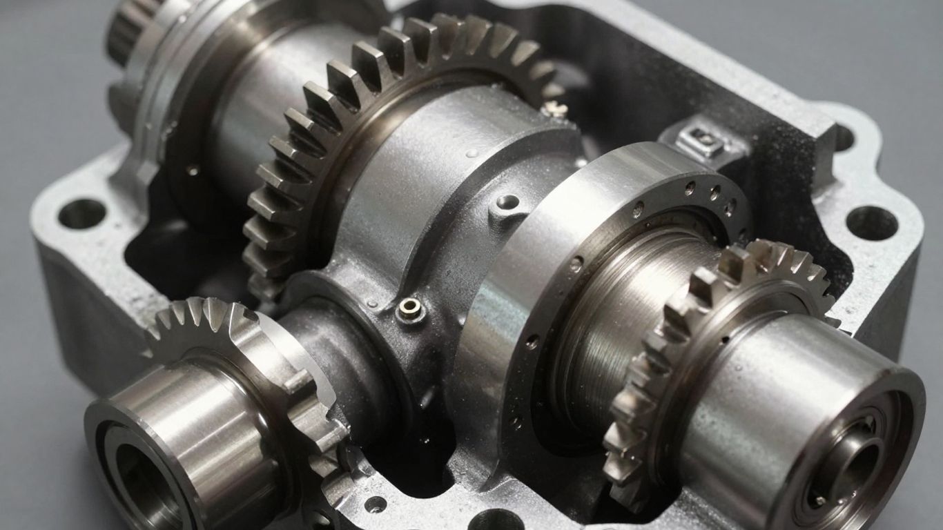 Close-up of a shiny, clean manual car gearbox.