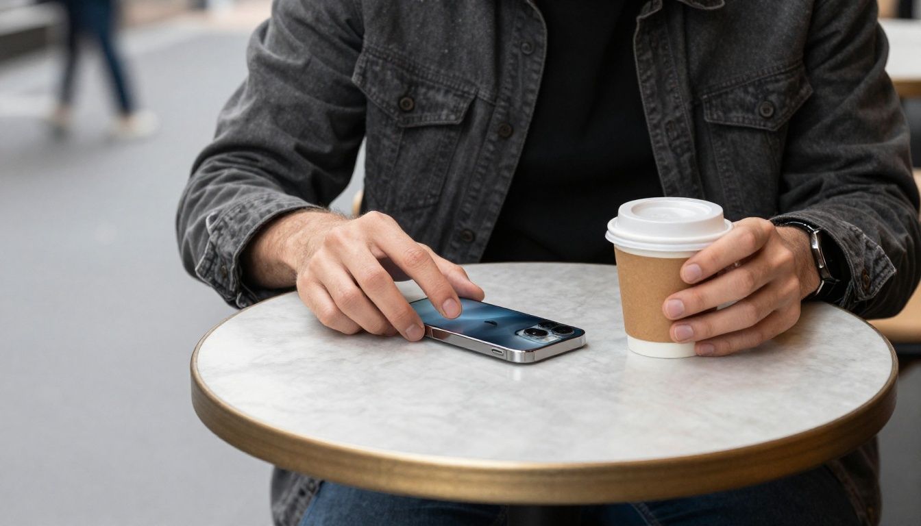 A person in casual clothes sitting at a cafe in Melbourne, placing their iPhone 15 Pro on the table next to a coffee.