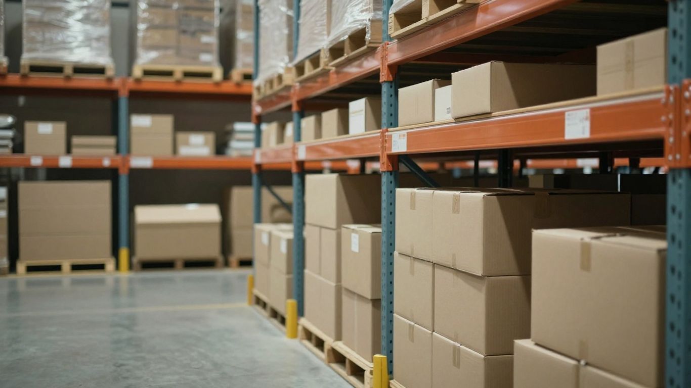 Warehouse shelves with empty and overfilled inventory.
