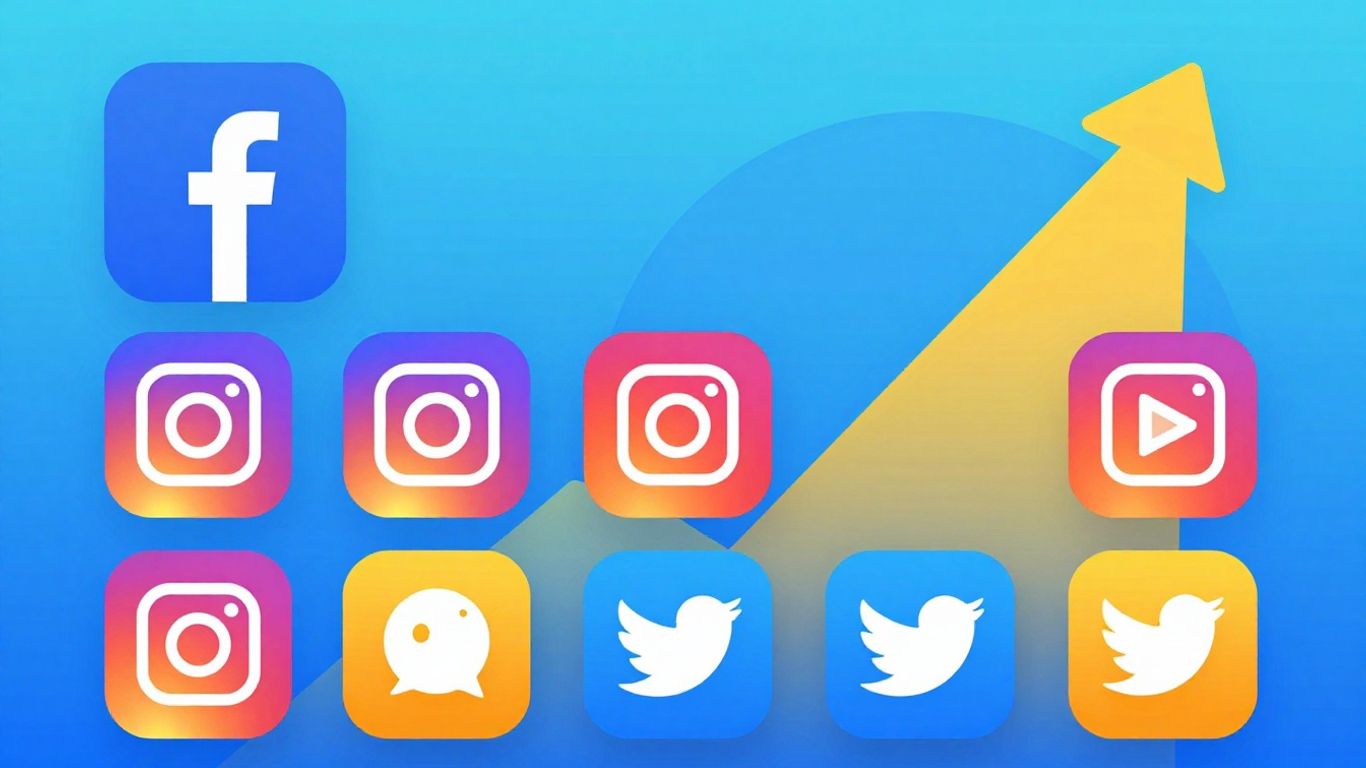 Social media dashboard with platform icons and engagement trends.